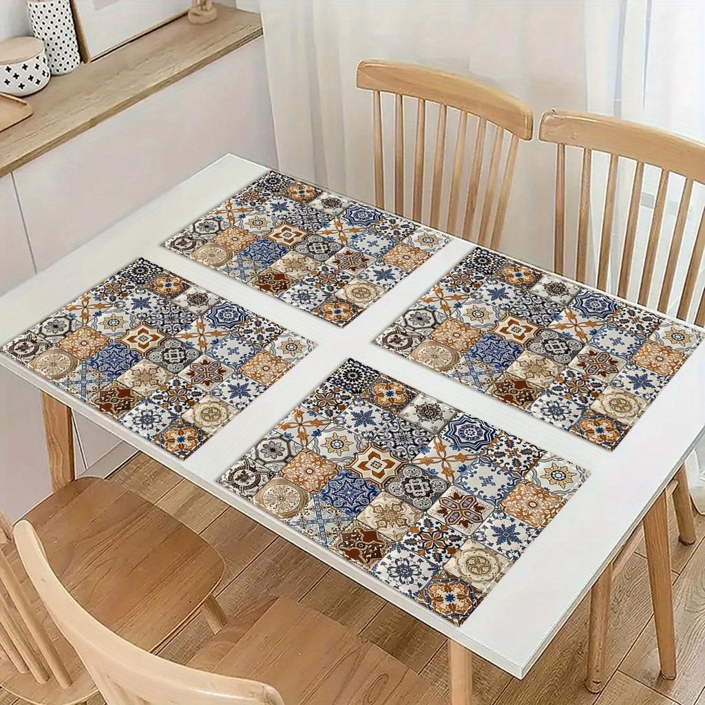Elegant Chinoiserie Placemats 4Pcs Set Vibrant Blue & Green Floral Design Rectangular Table Mats for Dining & Home Decor