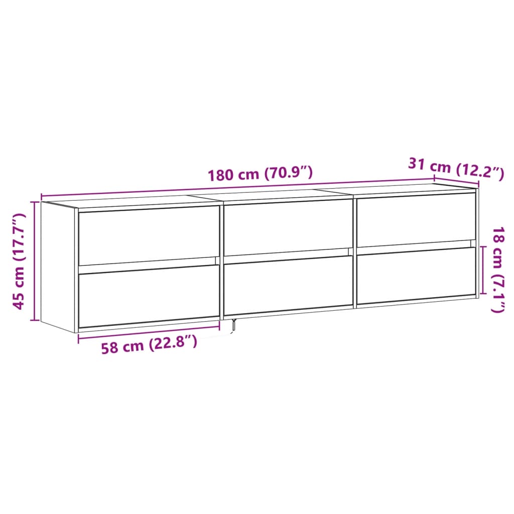 Wall Mounted TV Cabinet with LED Lighting Grey Sonoma 180 x 31 x 45 cm
