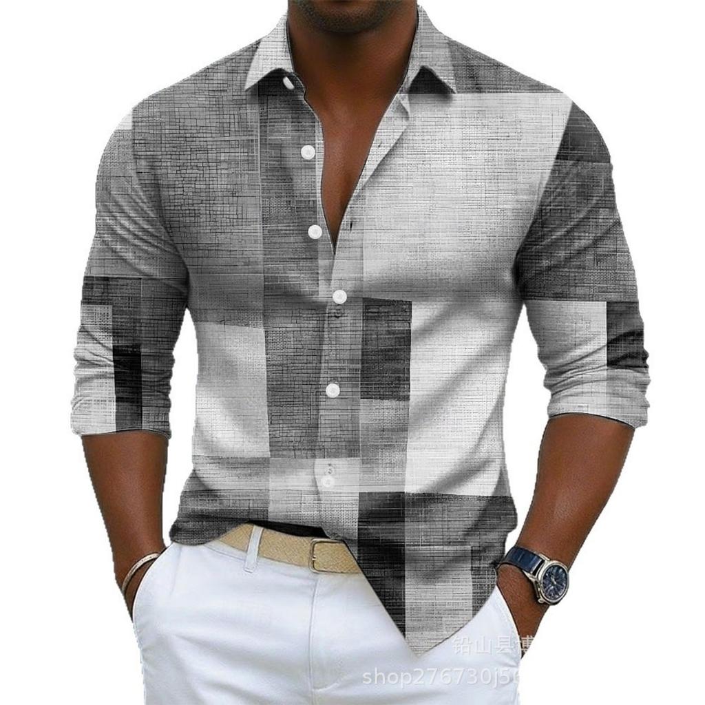 Stylish Men's Long Sleeve Patchwork Shirt, Casual Button-Up
