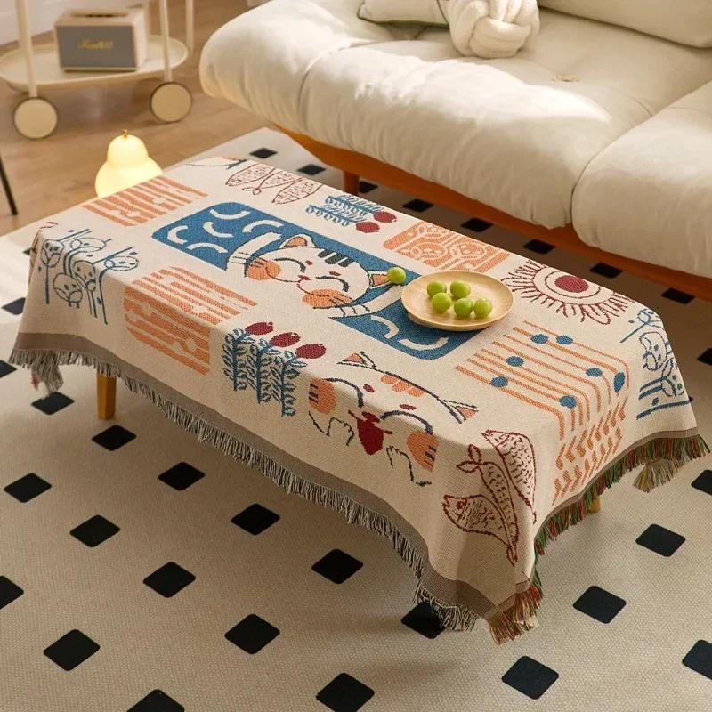 Cotton Yarn Tassel Dining Table Cloth Bohemian Style Double Printed Tablecloth Home Decoration Multifunctional Cover Cloth Towel
