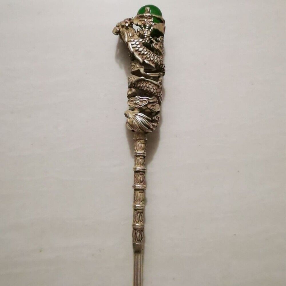 Old Chinese Tibet Silver Inlay Gemstone Handmade Hair Hairpin Statue