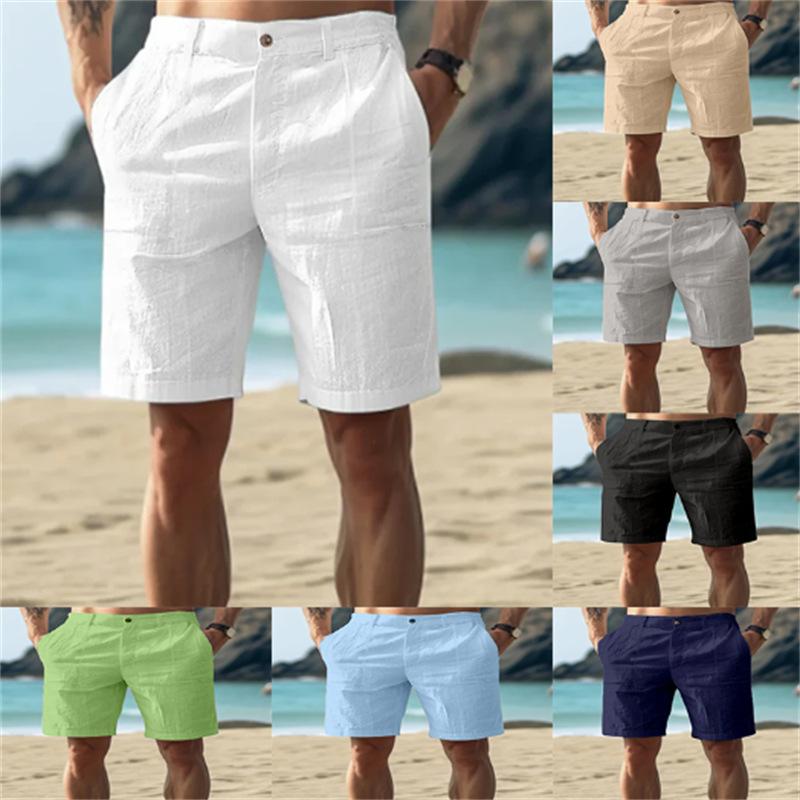 Men's Summer New Linen Beach Breathable Straight Casual Shorts Solid Color Loose Vacation Style Five-point Pants