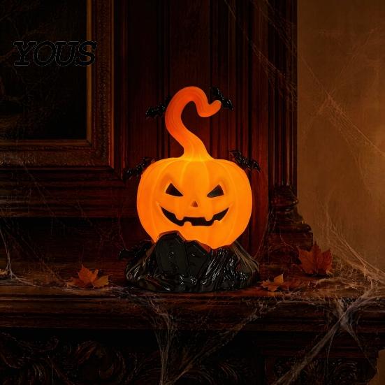 Halloween Tombstone Decoration LED Candle Light Figurine, Bat Glowing Tabletop Ornament, Warm Theme Decor Pumpkin Prop for Escape Room Haunted