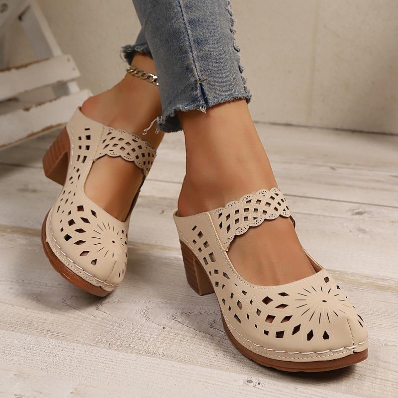 Women's Summer New Large Size Women's Sandals Retro Block Heel Slippers Large Size Cutout Wedge Sandals