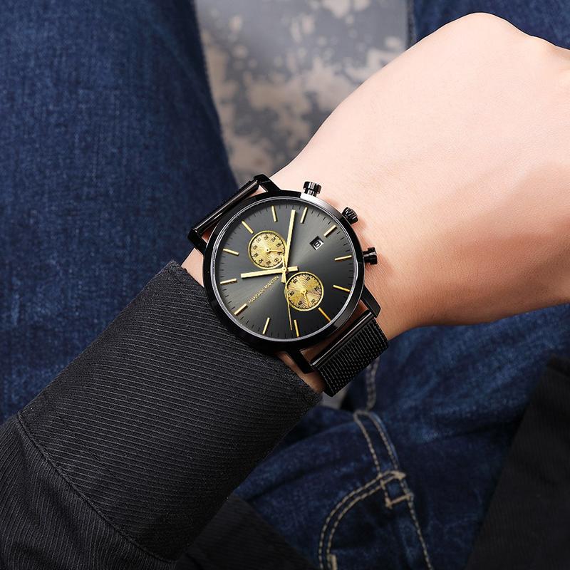 Schwarz Multifunktions Chronograph Mesh Band Wasserdicht Männer Große Zifferblatt Top Marke Luxus Uhr Männer Mode Uhren