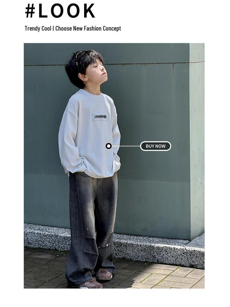 Autumn 2025 Boys' Loose Korean Style Retro Distressed Straight-Leg Jeans