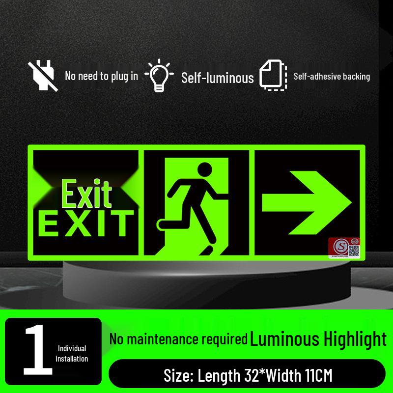 Fluorescent Fire Exit Sign - Self-Adhesive, No Wiring
