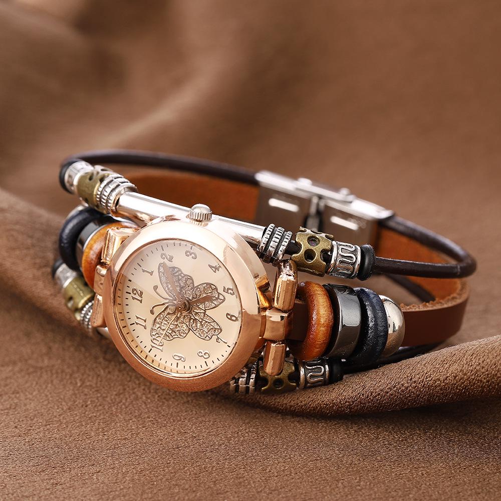 Retro Multi-Style Cowhide Quartz Bracelet Watch - Handmade Multi-Layer Stainless Steel Circle Jewelry