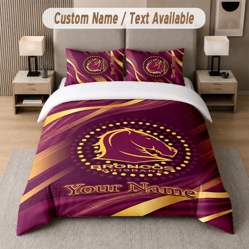 Custom Bedding Set Brisbane Broncos Pattern, Print Name Text 1 Duvet Cover Plus 2 Pillowcases Home Textile