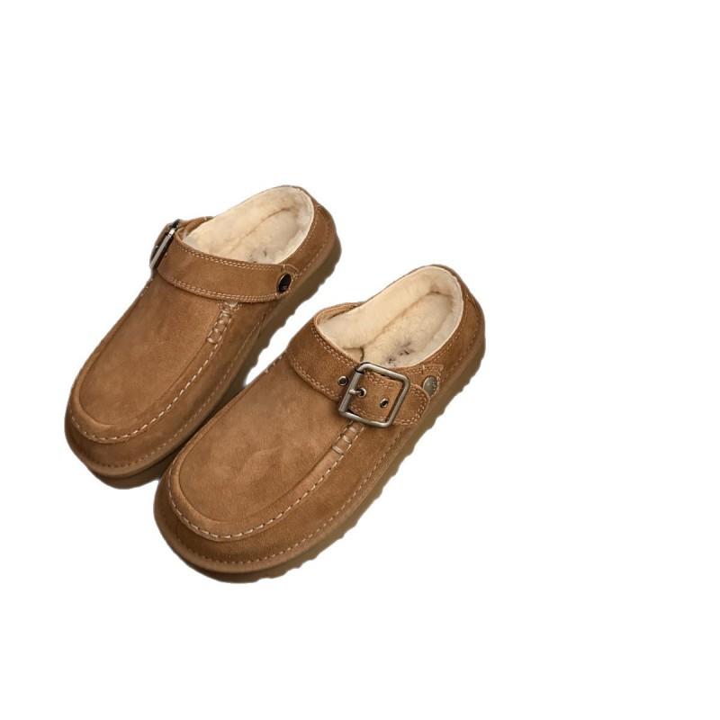 Botas Mule Femininas Planas de Pelo Sintético para Calçar no Inverno Quentes para Interior e Exterior Sapatos Casuais com Fivela