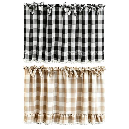 Küchenfenster Vorhänge Buffalo Check Schürze, Gerüschte Schürzen Gardine mit Spitzenbesatz und Schleifen, Polyester Baumwolle Lichtfilternd Stangentasche für Wohn