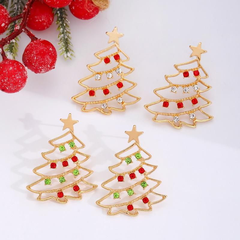 Hot Sale Colored Diamond Hollow Christmas Tree Earrings Women's Temperament Premium Christmas Pendant Earrings