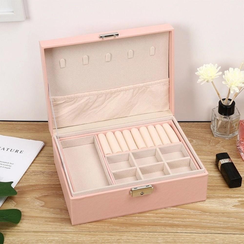 with Lock Leather Jewelry Organizer 2 Layer Necklace Earring Box  for Necklace Rings Earrings