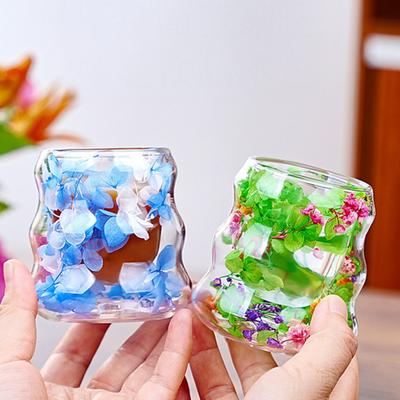 Dried Flowers Insulated Coffee Mug Double Wall Clear Glass Heat Resistant Tea Cup for Water