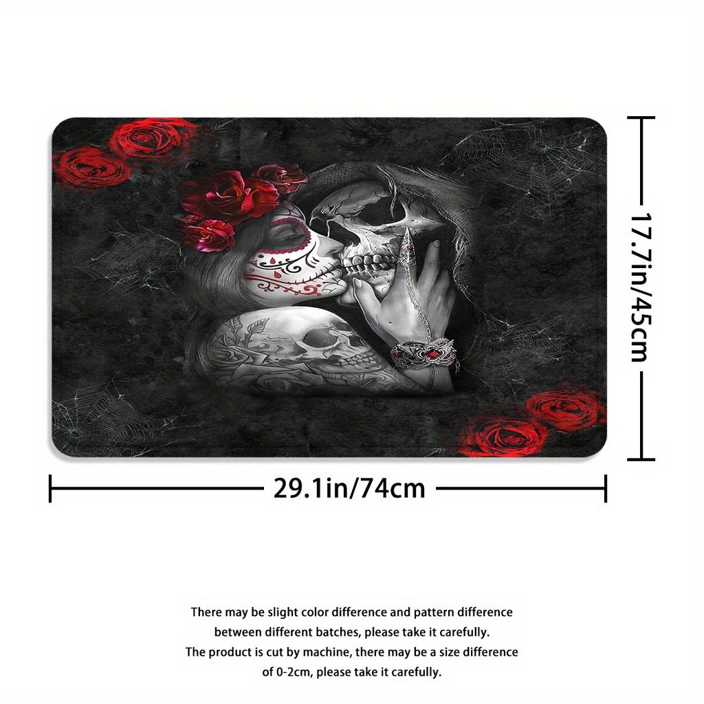 Skull King & Queen With Rose Print Bath Curtain Set - Simple Design For Bathroom Decor, Includes Shower Curtain & Bath Mat