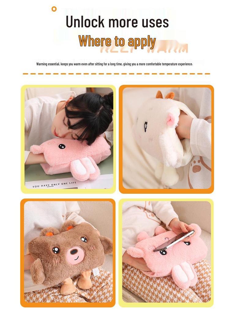 Electric Plush Cartoon Hand Warmer: Rechargeable, Removable, Washable, Double Hand Inserts, Dangling Leg Design.