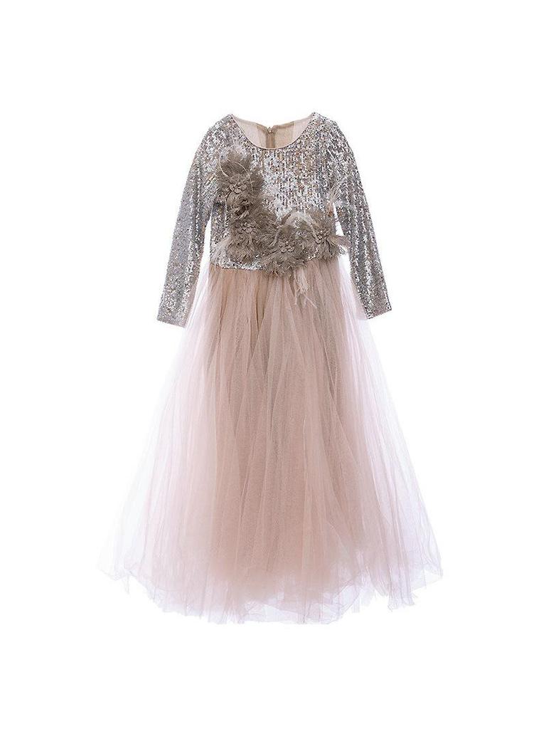 Rochie Tutu de Prințesă cu Paiete pentru Fete, Ținută de Spectacol și Bal cu Mânecă Lungă