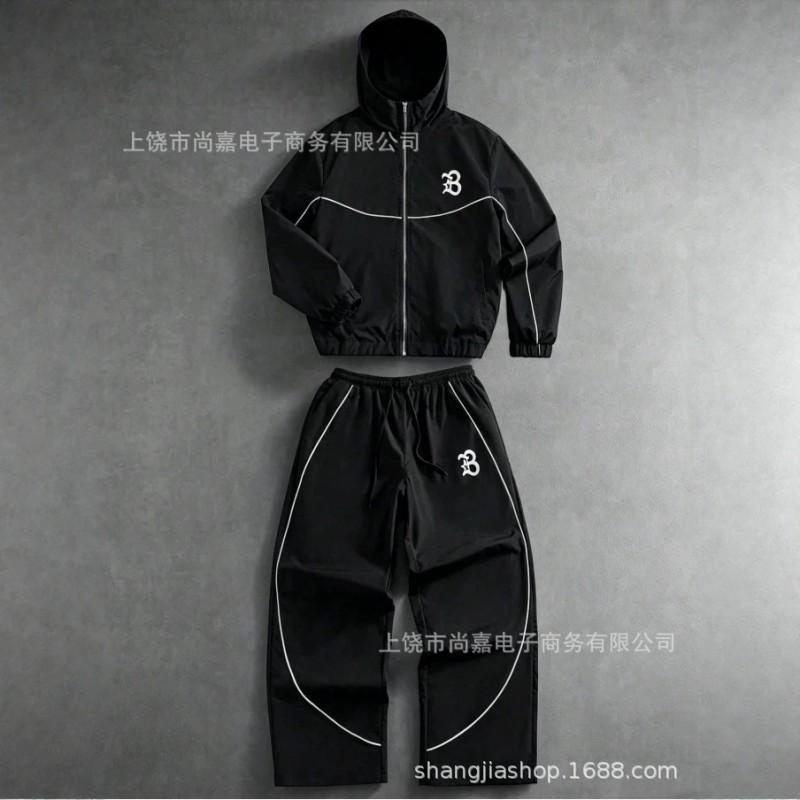 Mens Hooded Zip-Up Letter Print Tracksuit Set Casual Sportswear Lightweight Air Layer Fabric Fall