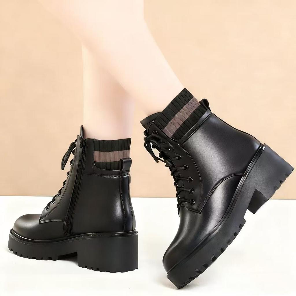 Autumn and winter new thick-soled heightening warm Martin boots women's velvet thickened soft leather soft-soled versatile short boots