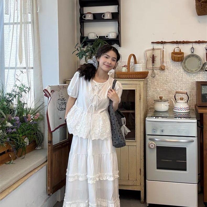 Modrá francouzská vintage košile s balónovými rukávy pro ženy letní splývavá volného střihu zakrývající bříško ležérní top