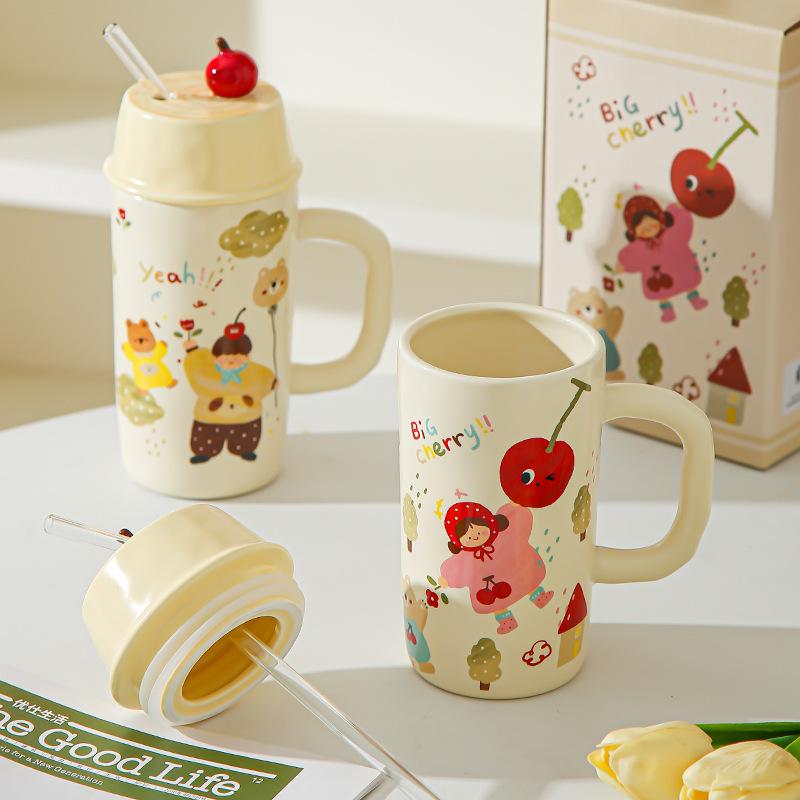 Boys and Girls Ceramic Cup with Lid Straw Couple Drinking Cup Mug Milk Breakfast Cup Souvenir