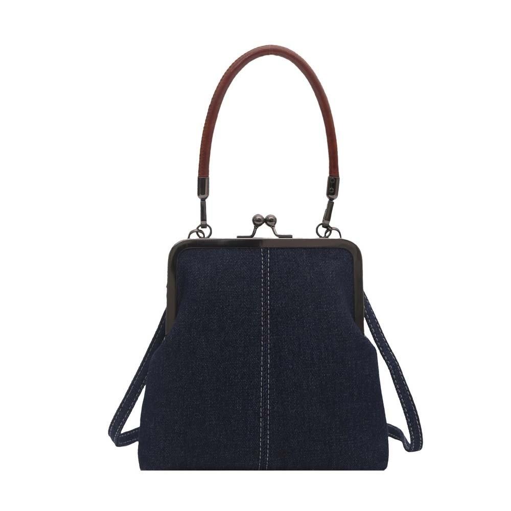 Elegant Kiss Lock Shoulder Bag Solid Color Large Capacity Denim Blue Crossbody Bag High Quality Messenger Pouch