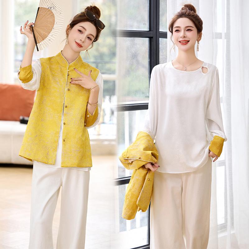 

Весна 2025 Ретро Жаккардовый Жилет со Стойкой и Рубашка в Китайском Стиле Комплект из Двух Предметов (HE5006) Small (90-110 jin)