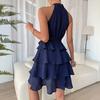Women Halter Sleeveless Dress Ruffle Layered Swing Dress Loose Lightweight Elegant Solid Color