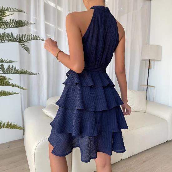 Women Halter Sleeveless Dress Ruffle Layered Swing Dress Loose Lightweight Elegant Solid Color