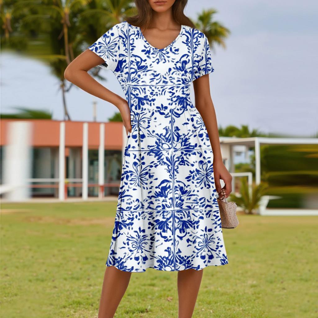 Ladies Summer Fashion Casual Floral Print V-Neck Short Sleeve Pocket Dress