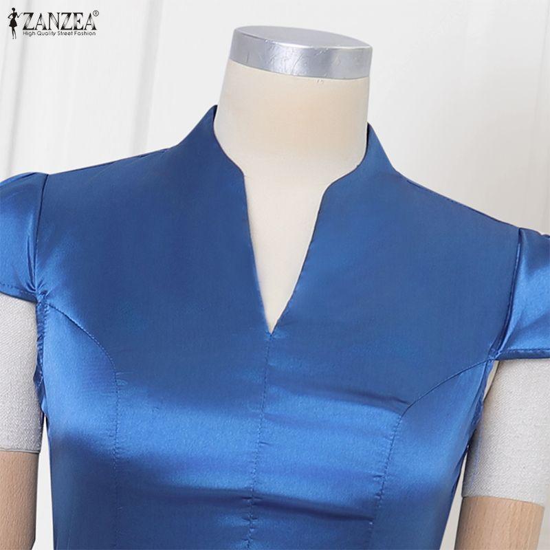ZANZEA Women Elegant V-Neck Casual Short Sleeve Satin Dress