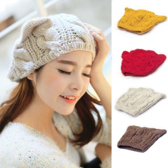 Women's Winter Knit Crochet Braided Cat Ears Beret Beanie Ski Knitted Hat Cap