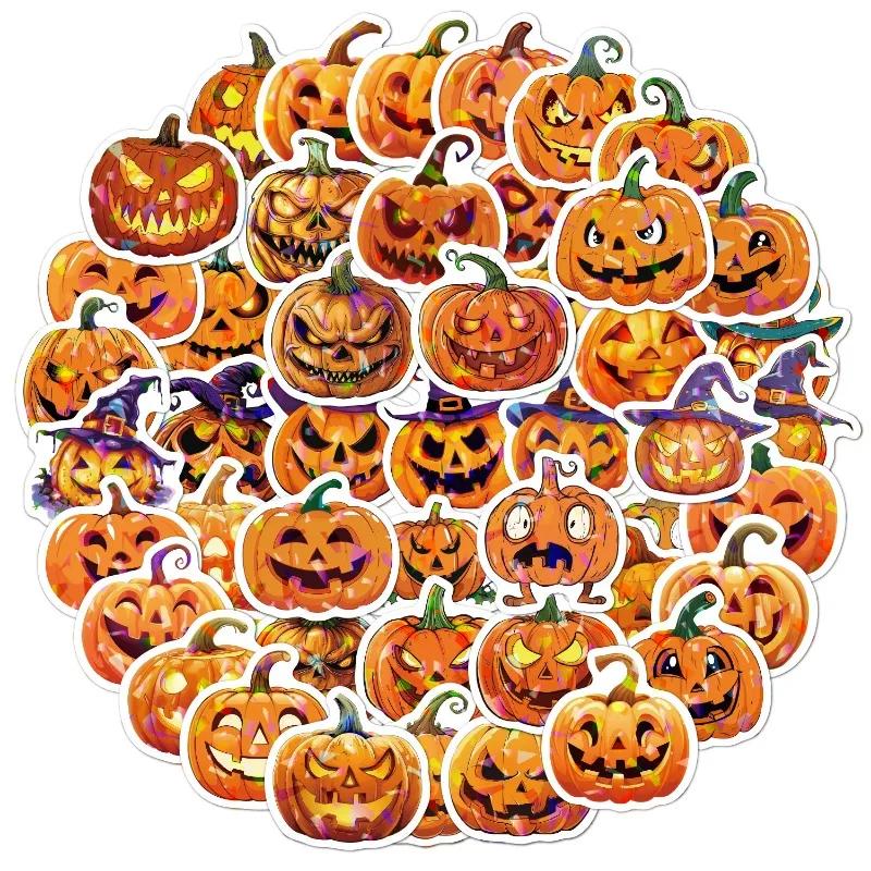 50 PCS Laser Pumpkin Sticker Halloween Stickers Holographic Flash Sticker for Gifts Cups Waterproof Removable Halloween Stickers