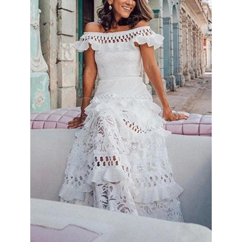 New In Summer Sexy Dress Long Women's Clothing with A Straight Neck Ruffled Edge Hollowed Elegant Party Dresses for Women 2026