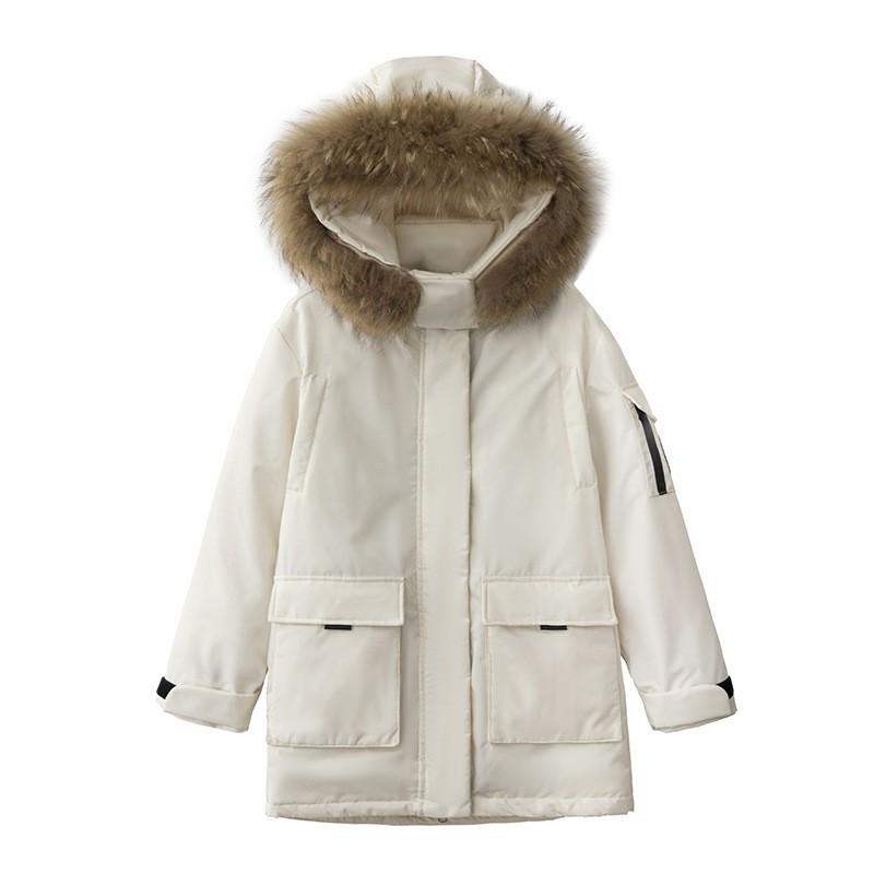 Workwear Parka Puffer Coat Winter Mid-Length Cotton Jacket With Faux Fur Trim Loose Fit Couples Outerwear