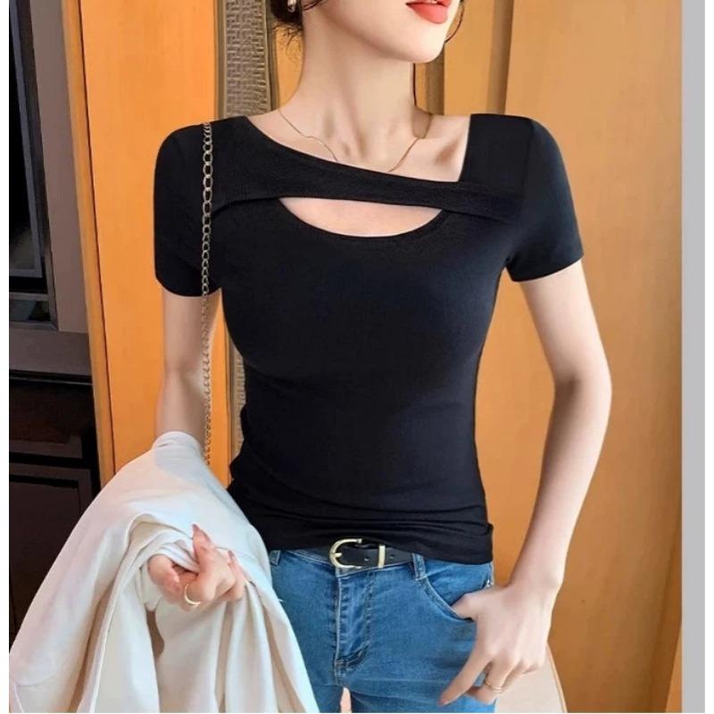 Damen Schwarzes Geripptes Asymmetrischer Halsausschnitt Cutout Kurzarm Figurbetontes Lässiges T-Shirt