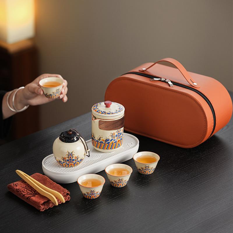 Retro light luxury wave business travel tea set portable enterprise high-end gift outdoor tea set