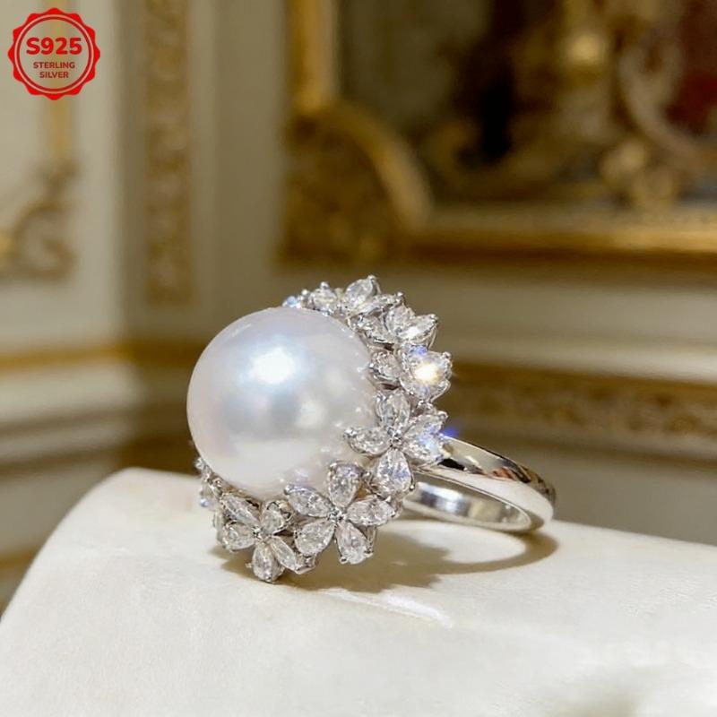 s925Sterling Silver European and American fashion classic elegant pearl flower ring for women Shiny, lustrous micro-inlaid zirconia Suitable for all