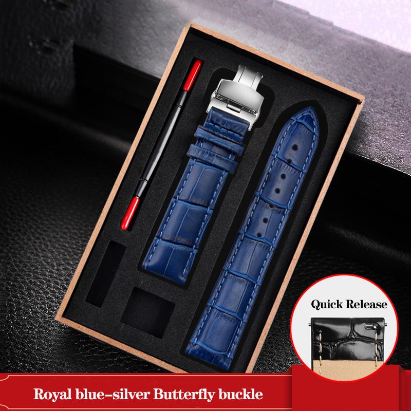 Leather Watchband Black Blue Cowhide Strap Butterfly Buckle Fits All Brands of Watches Men Women 12/14/15/16/18/19/20/22/23mm