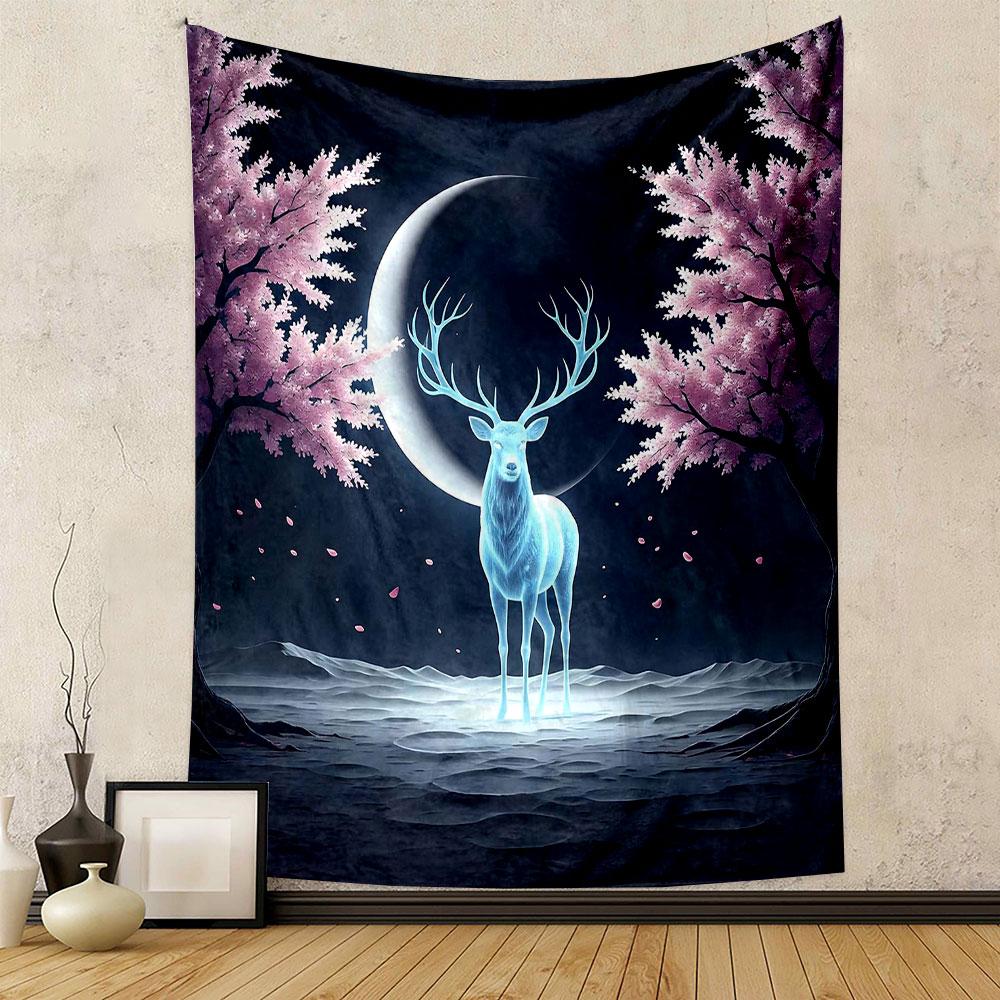 Glowing Deer Under Crescent Moon Scene Patterned Tapestry Decorative Wall Hanging, Home Bedroom Living Room Decor