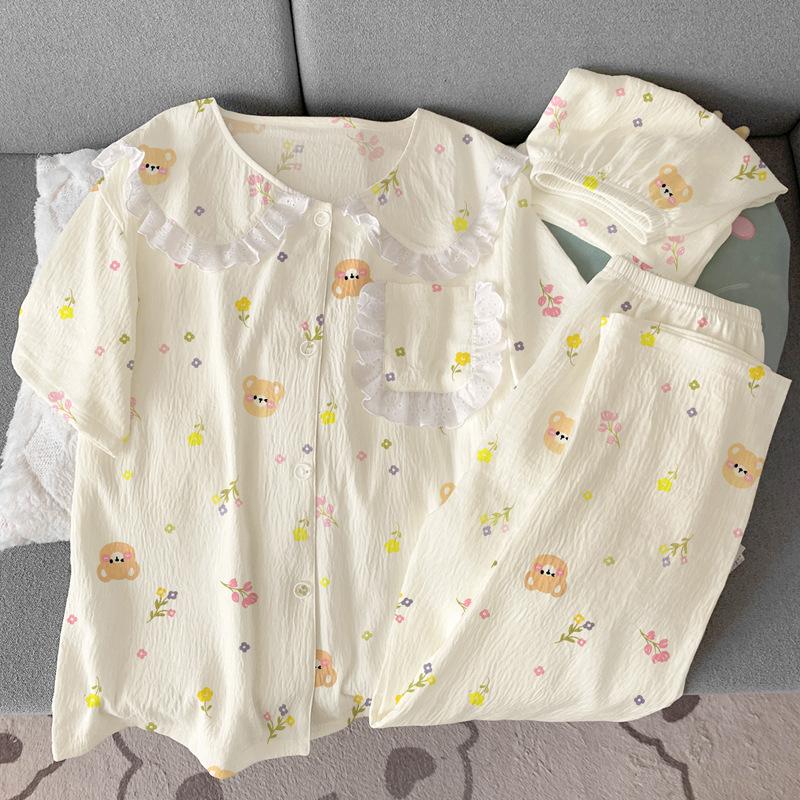 Cartoon Bear Spring Tulip Wind Cloud Cotton Doll Collar Lace Pajamas Short Sleeve Three-Piece Set