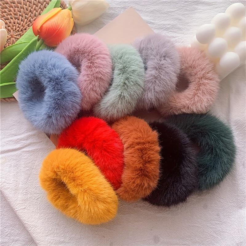 10-Pack of Random Colors, Autumn and Winter Simple Plush Hair Ties, Faux Mink Fur Hair Bands, Korean Style, Trendy, Non-Damaging to Hair, C