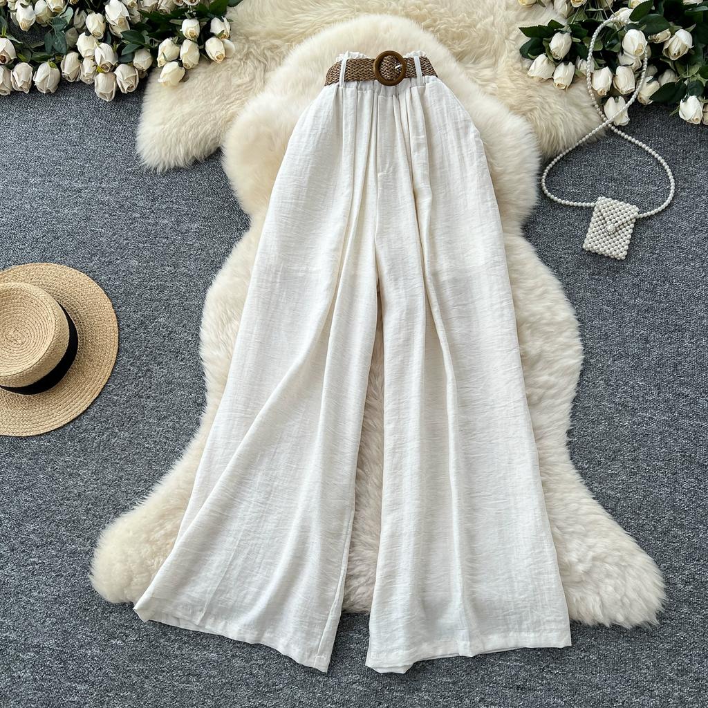 Summer Women Chic Boho Cotton Linen High Waist Wide Leg Pocket Pant Trouser With Belt For Girls