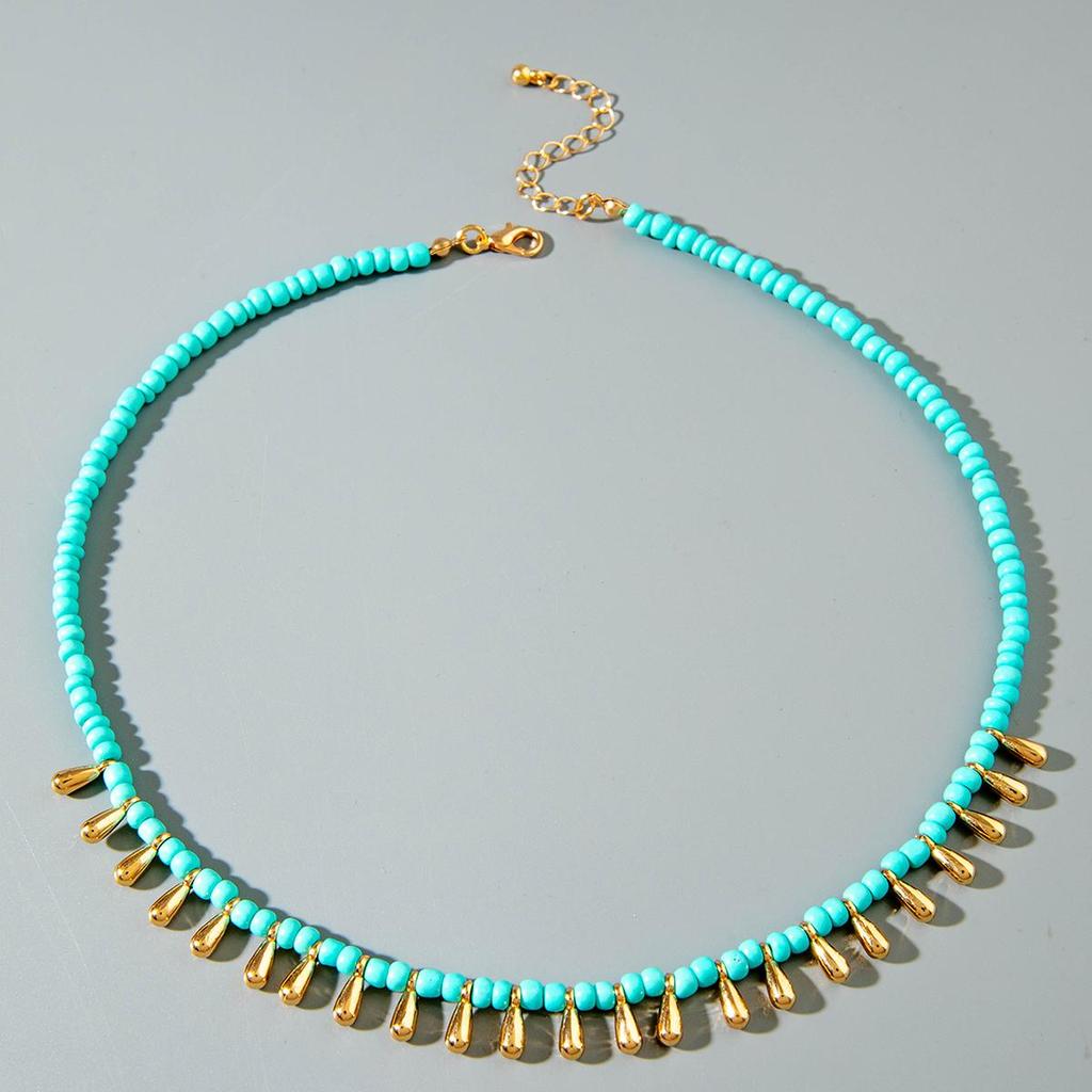 Cross Border Fashion Color Blocking Design, Green Rice Bead Water Droplet Tassel Necklace, Creative Niche Necklace, Beach Vacation Matching