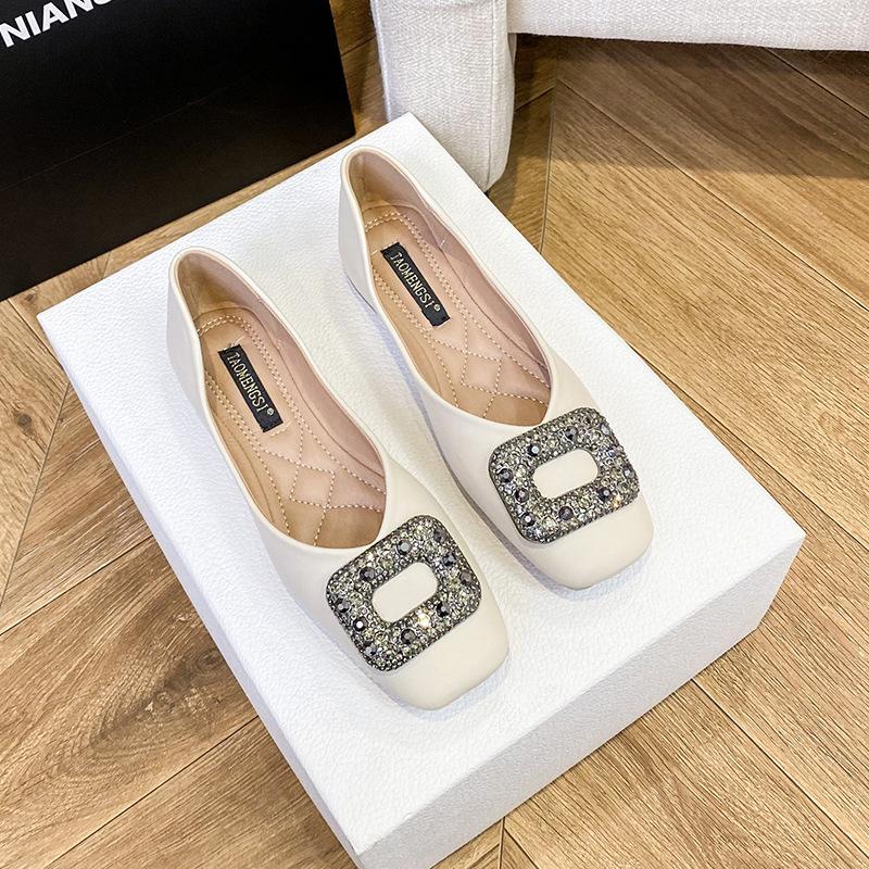 5612025 Women's Shoes Low-heeled Shoes Women's High-end Square Buckle Diamond Single Shoes Women's Commuter Flats