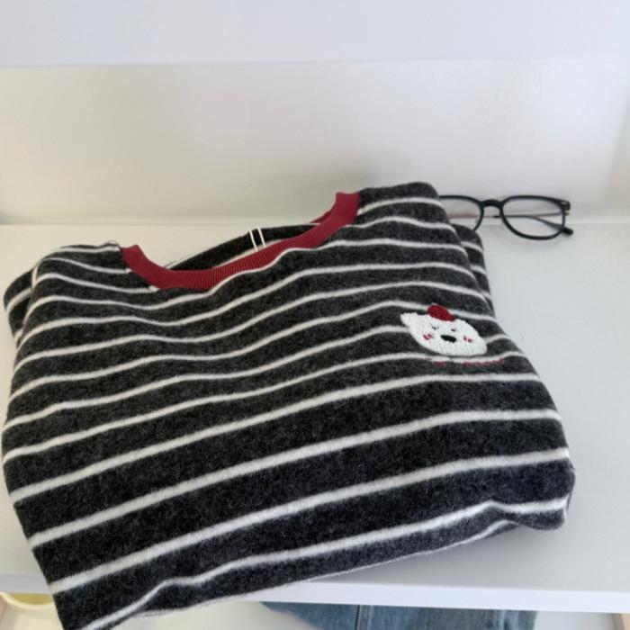 

Plus Size Embroidered Cartoon Puppy Striped Hoodie - Korean Style Round Neck for Women 3XL чорний/сірий колір