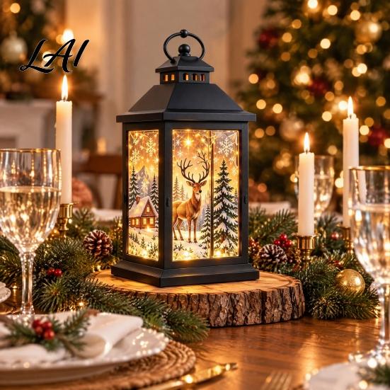 Winter Seasonal Lighting Interchangeable Crystal Lantern 4 Replaceable Holiday Scene Panels Night Light Cozy Fairy Light Lamp Theme Decorative