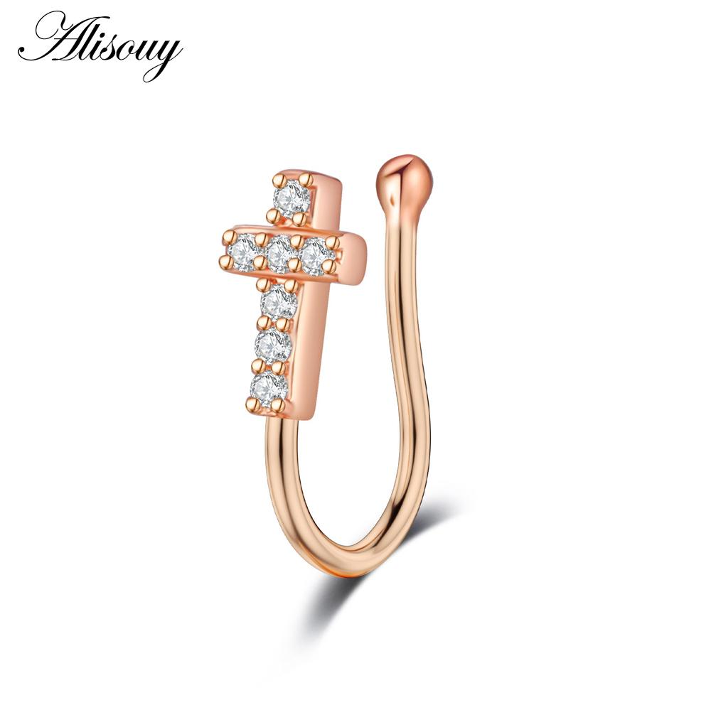 Alisouy 1pz Zirconia Finto Piercing Clip Anello Naso Gioiello Corpo per Donne Polsini Orecchio Cuore Croce Stella Foglia Fiori Clip Anelli Naso