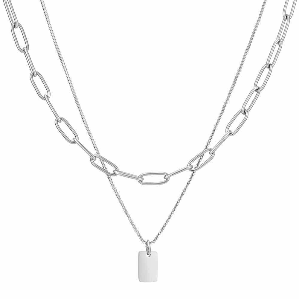 18K Gold Engravable Square Pendant Double-Layer Necklace with Stainless Steel Paperclip Chain