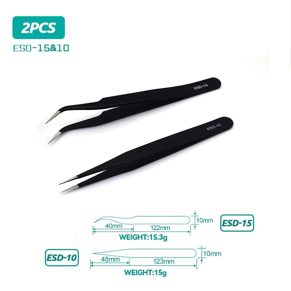 2/6pcs Precision Tweezers Set ESD Anti-Static Stainless Steel Tweezers Repair Tools for Electronics Repair Soldering Craft Tools